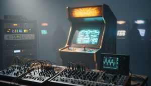 Vintage arcade cabinet glowing with neon ambience next to synthesizer hardware and patch cables in a dim studio, implying early electronic game music design.