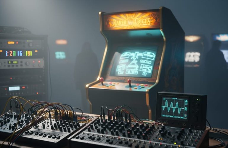 Vintage arcade cabinet glowing with neon ambience next to synthesizer hardware and patch cables in a dim studio, implying early electronic game music design.