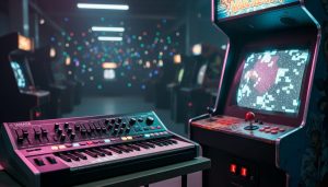 Neon-lit retro arcade cabinet beside an analog synthesizer with glowing knobs in a futuristic, nostalgic electronic music setting.