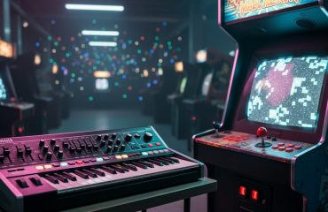 Neon-lit retro arcade cabinet beside an analog synthesizer with glowing knobs in a futuristic, nostalgic electronic music setting.