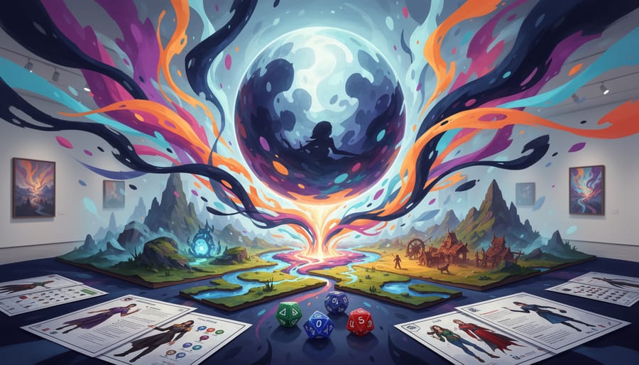 Dark energy orb hovering above a weathered tabletop with blank parchment and scattered dice-like pieces