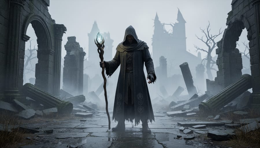 Hooded warlock-like figure holding a cracked obsidian staff in a foggy dark fantasy ruin at dusk