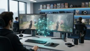 Developer workstation in a modern game studio with an abstract holographic network visualization representing multiplayer networking.