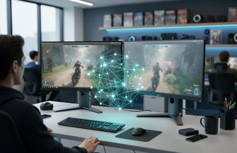 Developer workstation in a modern game studio with an abstract holographic network visualization representing multiplayer networking.