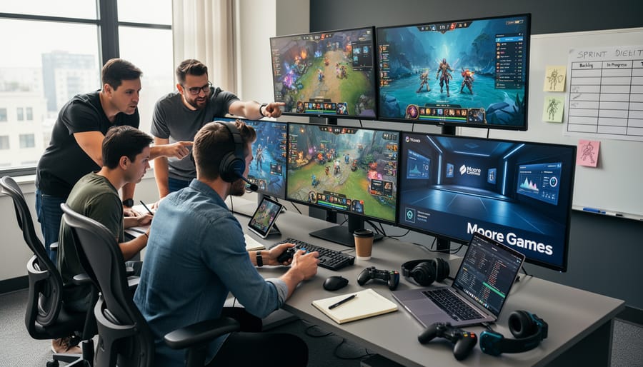 Developer wearing a headset holding a gaming controller while teammates watch on a monitor during game testing