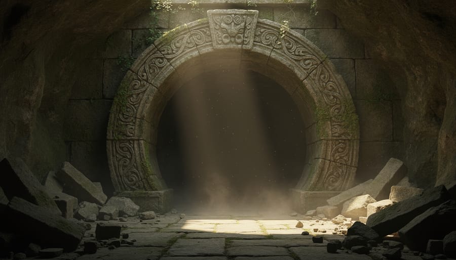 Foggy, partially lit dungeon entrance with carved stone arches, chains, and glowing magical light