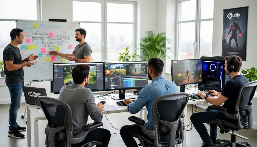 Developers collaborating at a desk in a modern game studio with laptops and gaming hardware in view