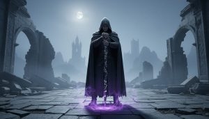 A lone hooded warlock-like figure stands in a mist-filled ruined courtyard holding a cracked obsidian staff with faint purple magic swirling nearby.