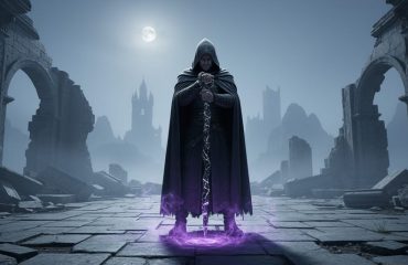 A lone hooded warlock-like figure stands in a mist-filled ruined courtyard holding a cracked obsidian staff with faint purple magic swirling nearby.