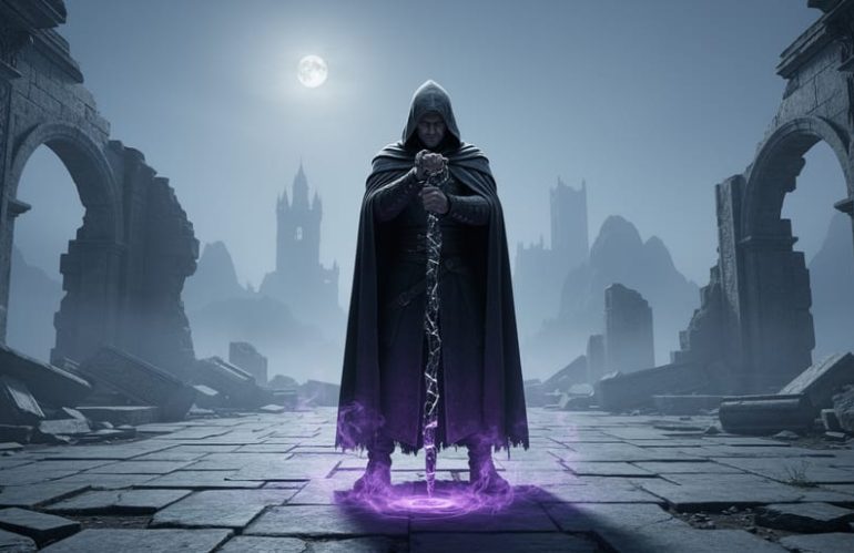 A lone hooded warlock-like figure stands in a mist-filled ruined courtyard holding a cracked obsidian staff with faint purple magic swirling nearby.