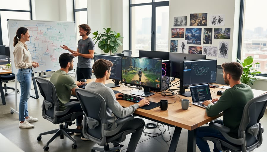 Developers collaborating at a desk in a game studio with a large monitor showing blurred game visuals