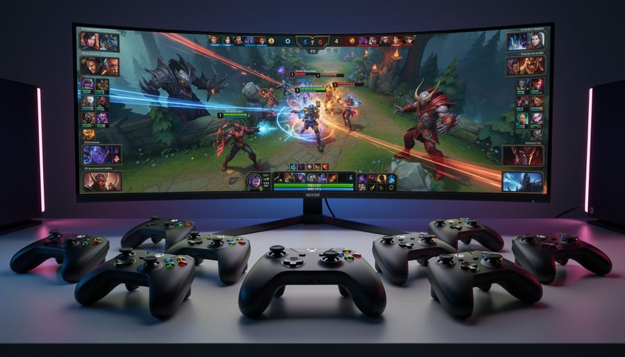 Gaming controllers on a desk with a blurred large screen showing fast-paced multiplayer gameplay