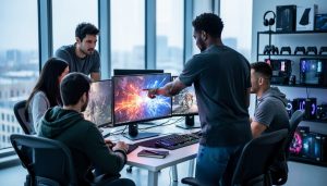 A small team of game developers collaborating in a modern studio around glowing workstations, representing mid-core multiplayer Unity development.
