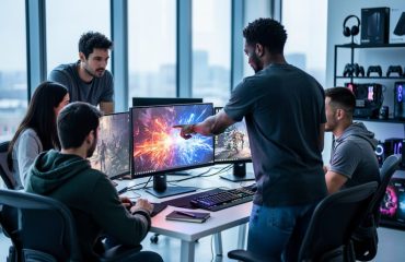 A small team of game developers collaborating in a modern studio around glowing workstations, representing mid-core multiplayer Unity development.