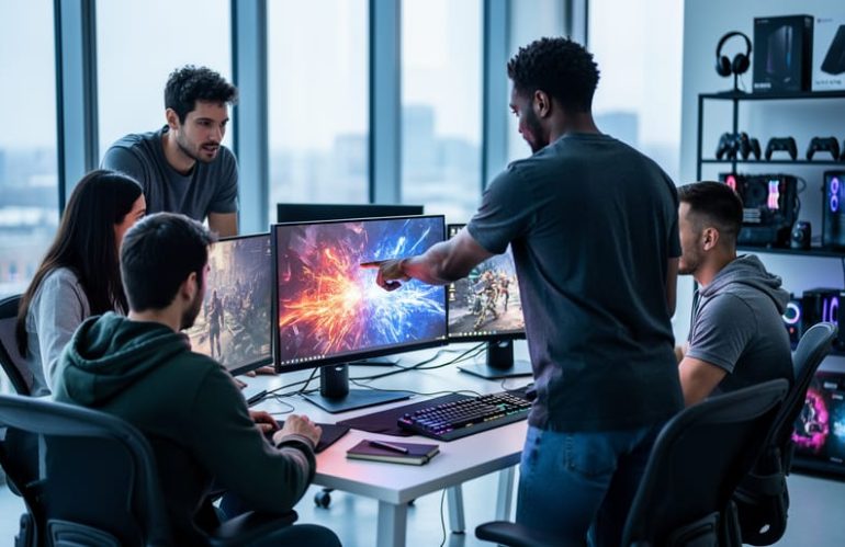 A small team of game developers collaborating in a modern studio around glowing workstations, representing mid-core multiplayer Unity development.